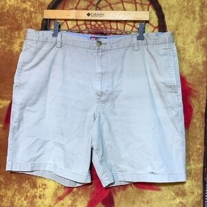 CHAPS-men’s beige cotton flat front mid length khaki shorts